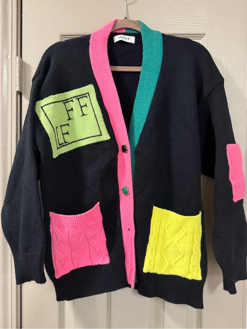 Cals Black Cardigan with Pink, Teal & Neon Yellow Patches